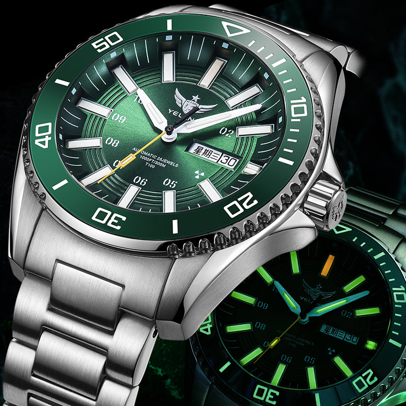 YELANG Men Military Watch 44mm T100 Tritium Luminous Automatic Watches Sport Mechanical Wristwatch 300M Waterproof Sapphire Week Date