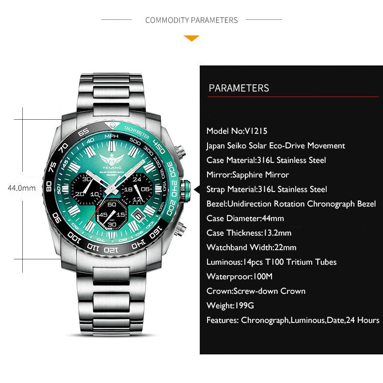 Yelang Men Chronograph Watch 44MM T100 Tritium Luminous Military Watches Pilot Wristwatch Eco-Drive Solar 100M Waterproof Sapphire