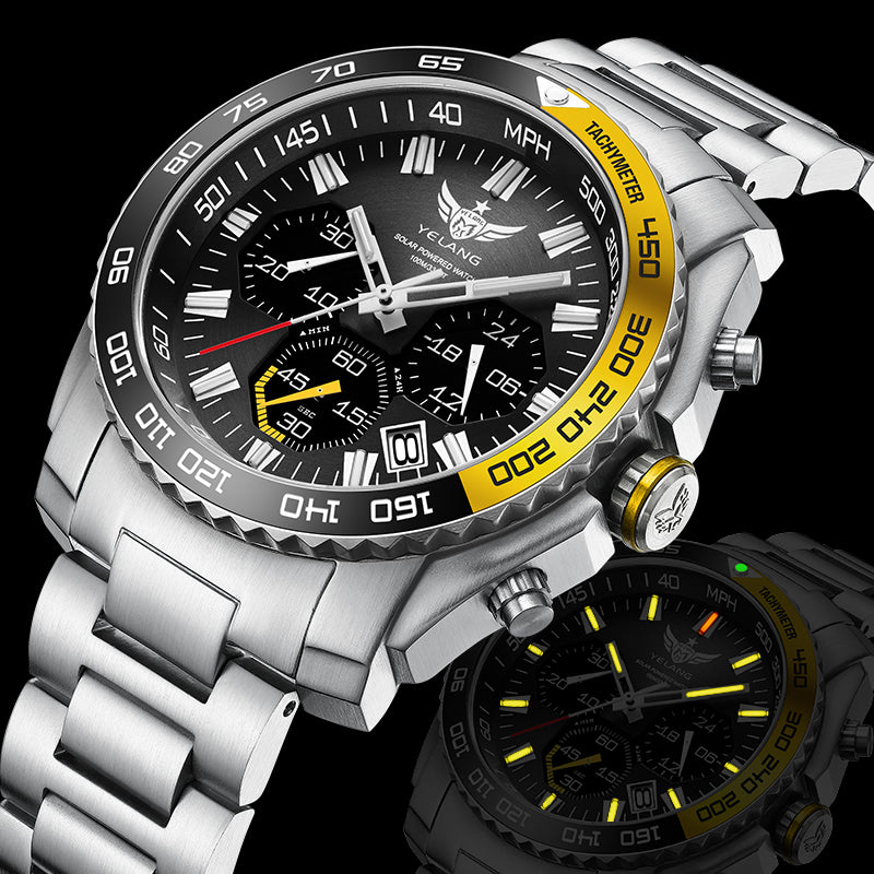 Yelang Men Chronograph Watch 44MM T100 Tritium Luminous Military Watches Pilot Wristwatch Eco-Drive Solar 100M Waterproof Sapphire